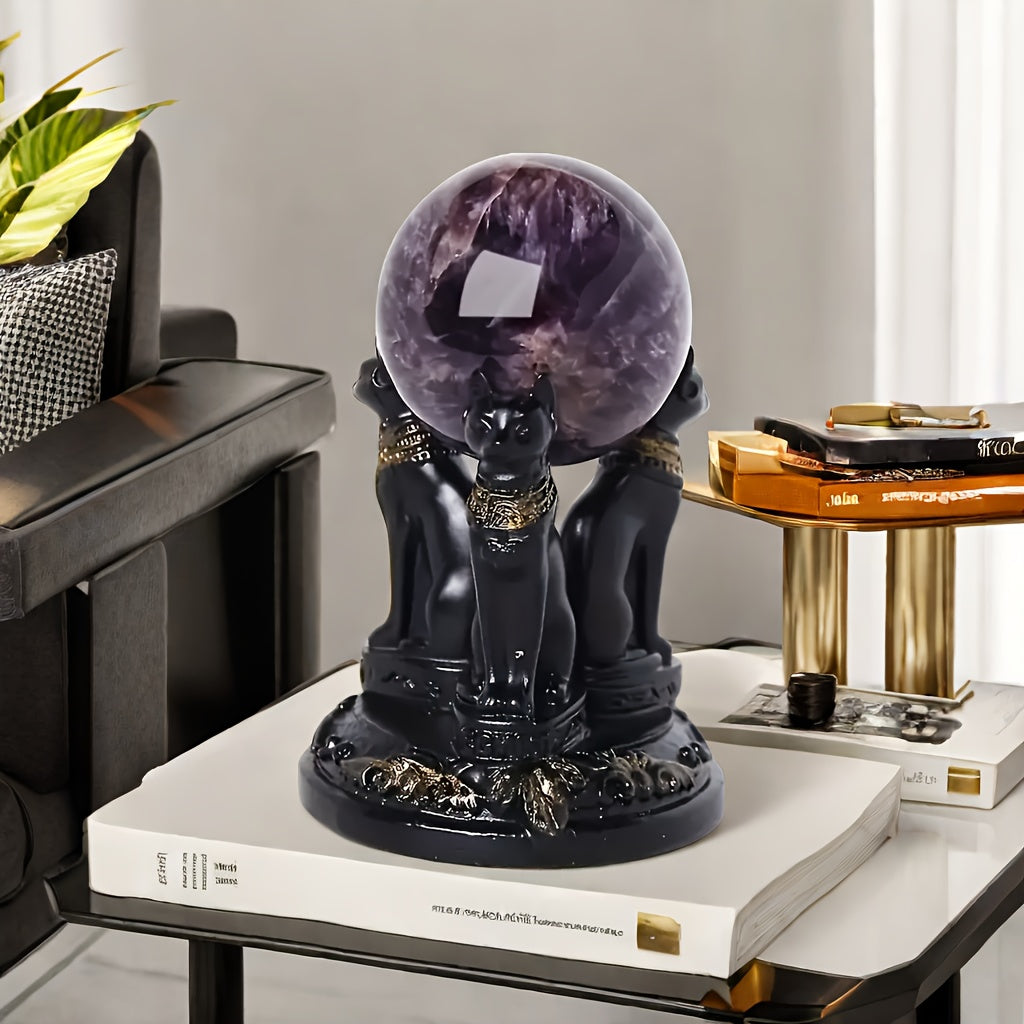 Egyptian Goddess Bastet Cat Statue with Crystal Ball Stand - Collectible Resin Figurine for Living Room, Indoor Use, No Electricity Required, Home Decor Desk Ornament, Gift for Cat Lovers (Ball Not Included)
