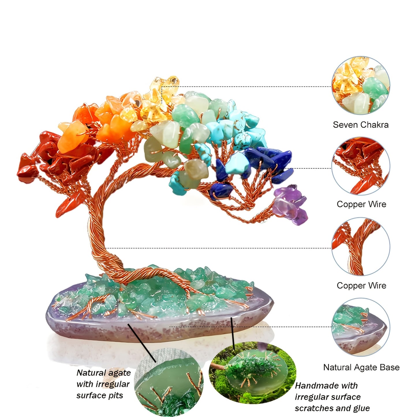 1pc Seven Chakra Stone Potted Plant Tree, Handcrafted Crystal Money Tree With Natural Agate Base, Lucky Decorative Craft For Wealth And Prosperity, Irregular Cracks & Small Gaps Possible -Jewelry Patterns