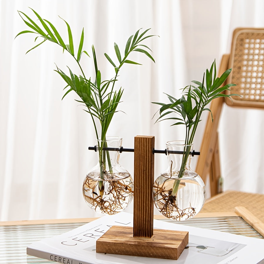1/2pcs Hydroponic Glass Vintage Desktop Plant Terrarium Planter with Retro Wooden Stand for Water Planting Propagation and Home Garden
