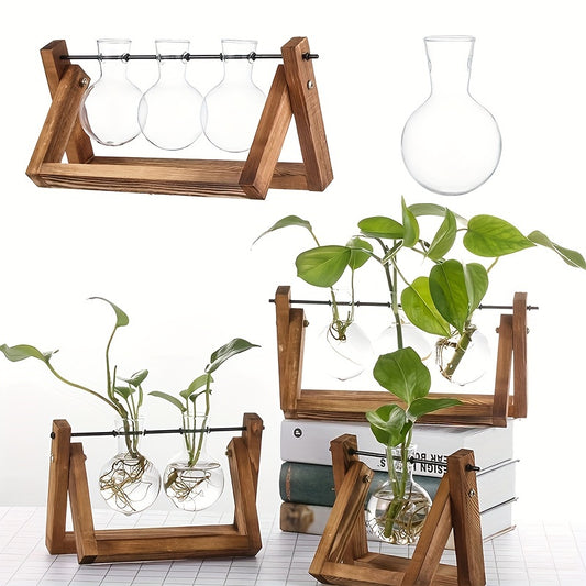 1pc Clear Glass Tabletop Planter Propagation Station in Wooden Rack Terrarium for Plants, Hydroponic Plant Vases for Office Home Decor Room Decoration