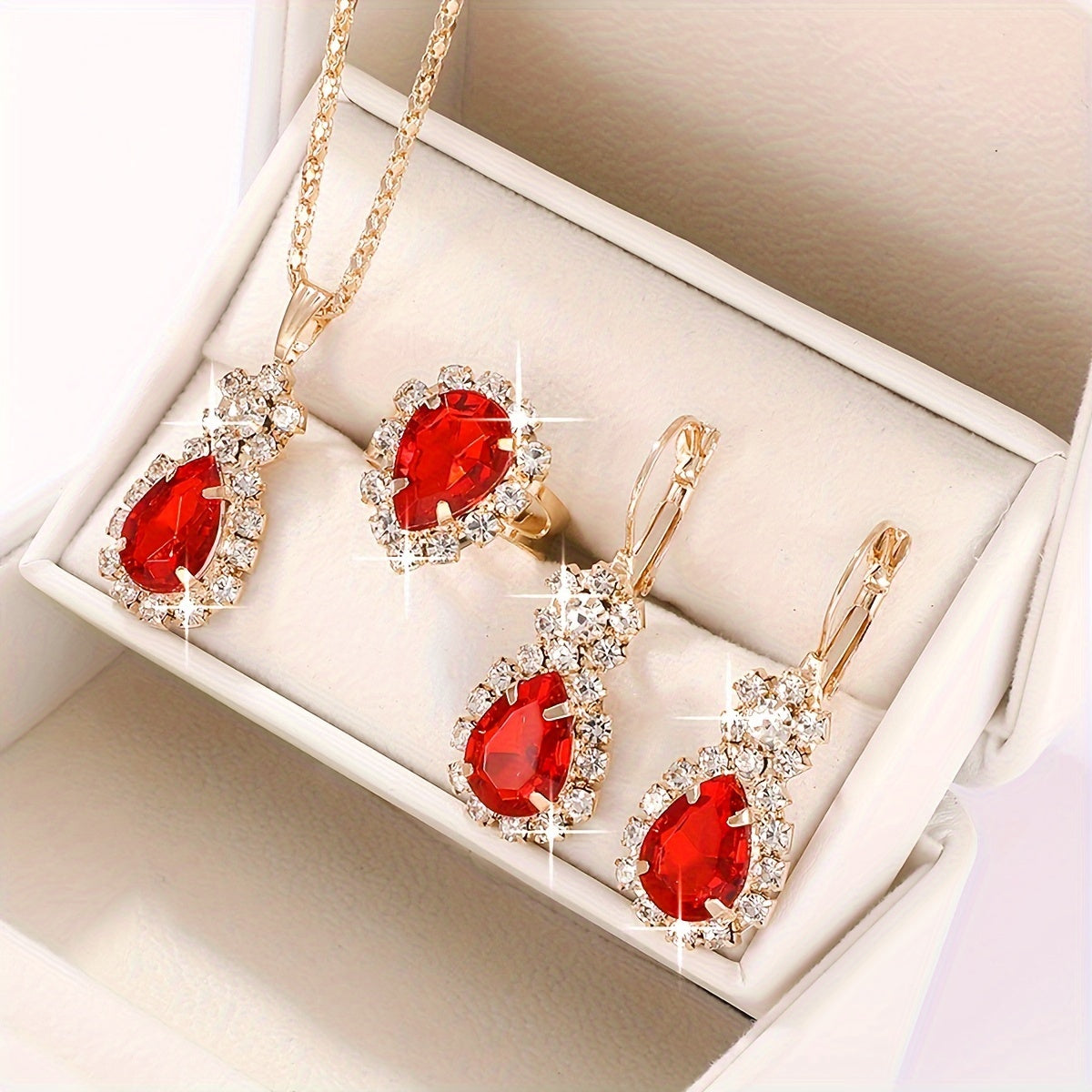 Elegant 4pcs Women's Fashion Teardrop Jewelry Set, Necklace & Earrings, Crystal Embellished, Rose Golden/Ruby Color Options, Gift Box Included For Special Occasions