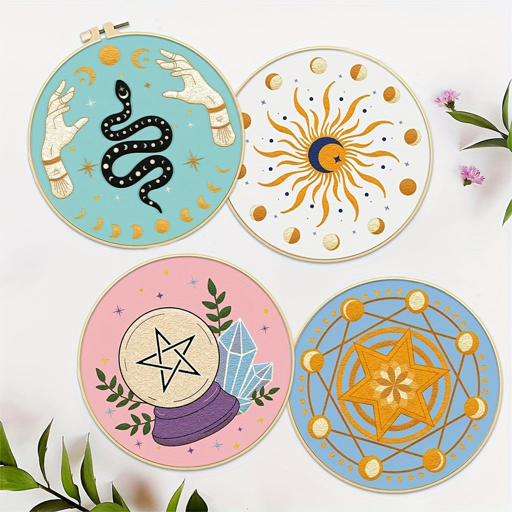 4pcs Mysterious Tarot Divination Themed Embroidery DIY Kit - Embroidery Art Set Featuring Star And Crystal Ball Patterns - Includes 4 Printed Embroidery Fabrics, Ample Embroidery Threads, 1 Embroidery Hoop, Embroidery Tools (