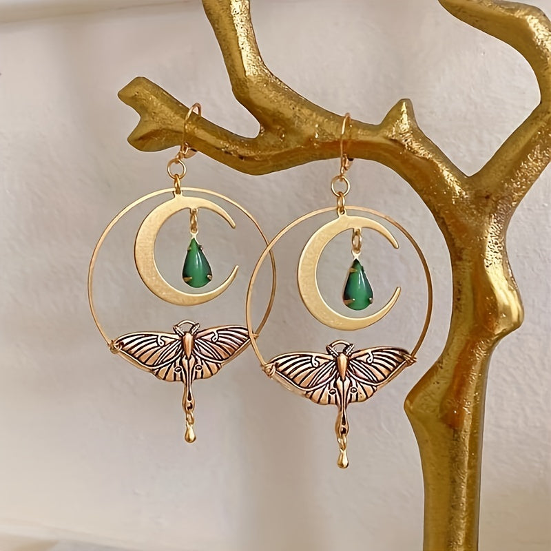 Hollow Circle With Moon Moth Decor Golden Dangle Earrings Retro Bohemian Style Alloy 18K Gold Plated Jewelry Trendy Female Gift