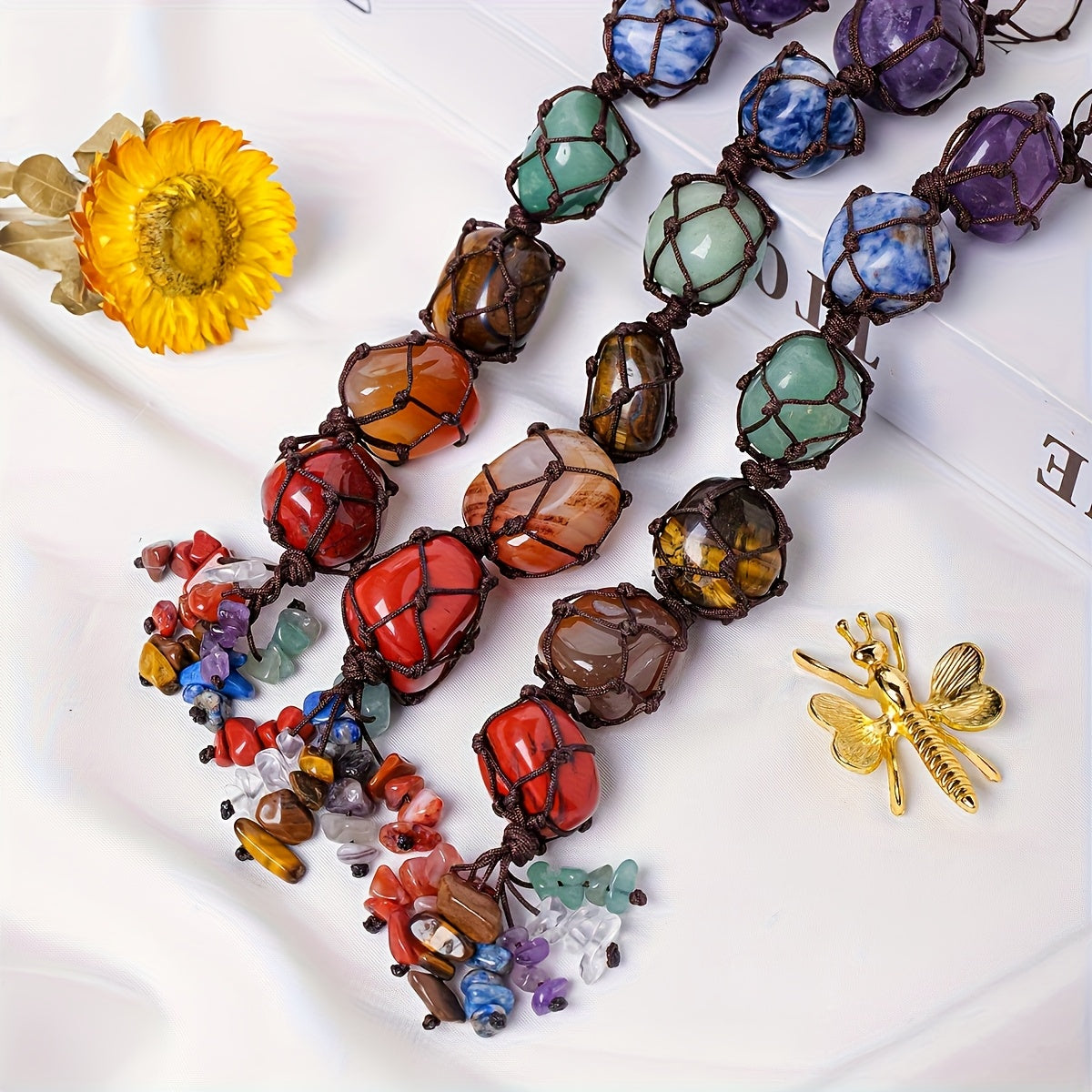 1pc Natural Crystal Chakra Tumbled Stone Pendant Car Hanger Polished Crystal Home Feng Shui Hanging Jewelry New Year Valentine'S Day Father'S Day Holiday Gift