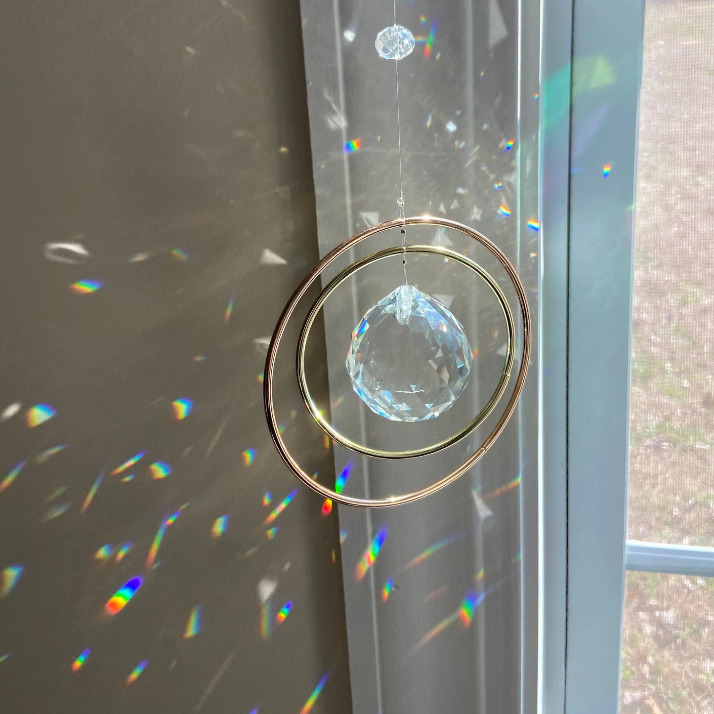 1pc Sparkling Crystal Rainbow Sun Catcher - Elegant Glass Prism Window Hanging Decor with Golden Frame & Blue Beads, Perfect Gift for Loved Ones, Ideal for Valentine's, Thanksgiving & New Year, Rainbow Room Decor