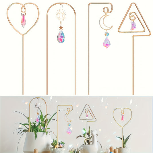 4pcs Indoor Potted Plants Small Trellis with Colorful Crystal Sun Catchers, 35.99 cm Metal Plant Trellis, Mini Potted Plant Decoration for Home Window Garden