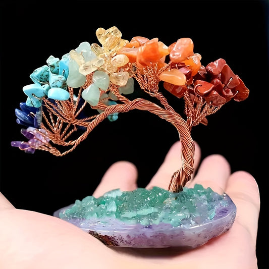 1pc Seven Chakra Stone Potted Plant Tree, Handcrafted Crystal Money Tree With Natural Agate Base, Lucky Decorative Craft For Wealth And Prosperity, Irregular Cracks & Small Gaps Possible -Jewelry Patterns
