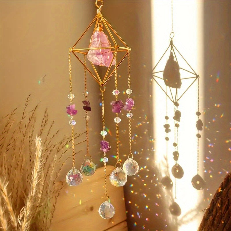 1pc Elegant Metal Sun Catcher with Natural Raw Stones, Crystal Prism Rainbow Maker Pendant for Wedding Decor, Indoor Window Room Garden Yard Ornament