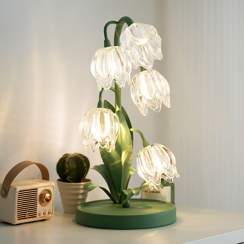 Elegant Crystal Orchid Table Lamp – Art Deco Glass Flower Design with Frosted Metal Finish, USB-Powered Ambient Light for Bedroom, Living Room, or Study Decor, Table Lamp for Bedroom