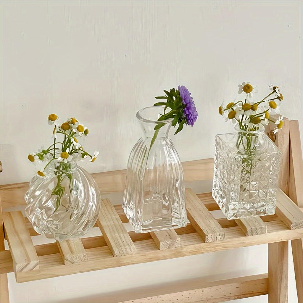 7pcs Glass Vase Set, Retro Transparent Glass Bud Vase, Crystal Mini Flower Decorative Vase, Antique Decorative Small Opening Short Vase, Multi-Countryside Aesthetic Wedding Table Center