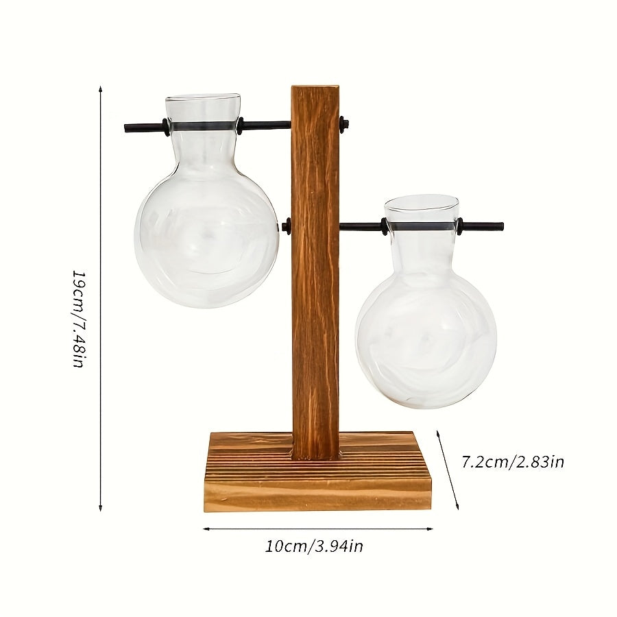 1/2pcs Hydroponic Glass Vintage Desktop Plant Terrarium Planter with Retro Wooden Stand for Water Planting Propagation and Home Garden