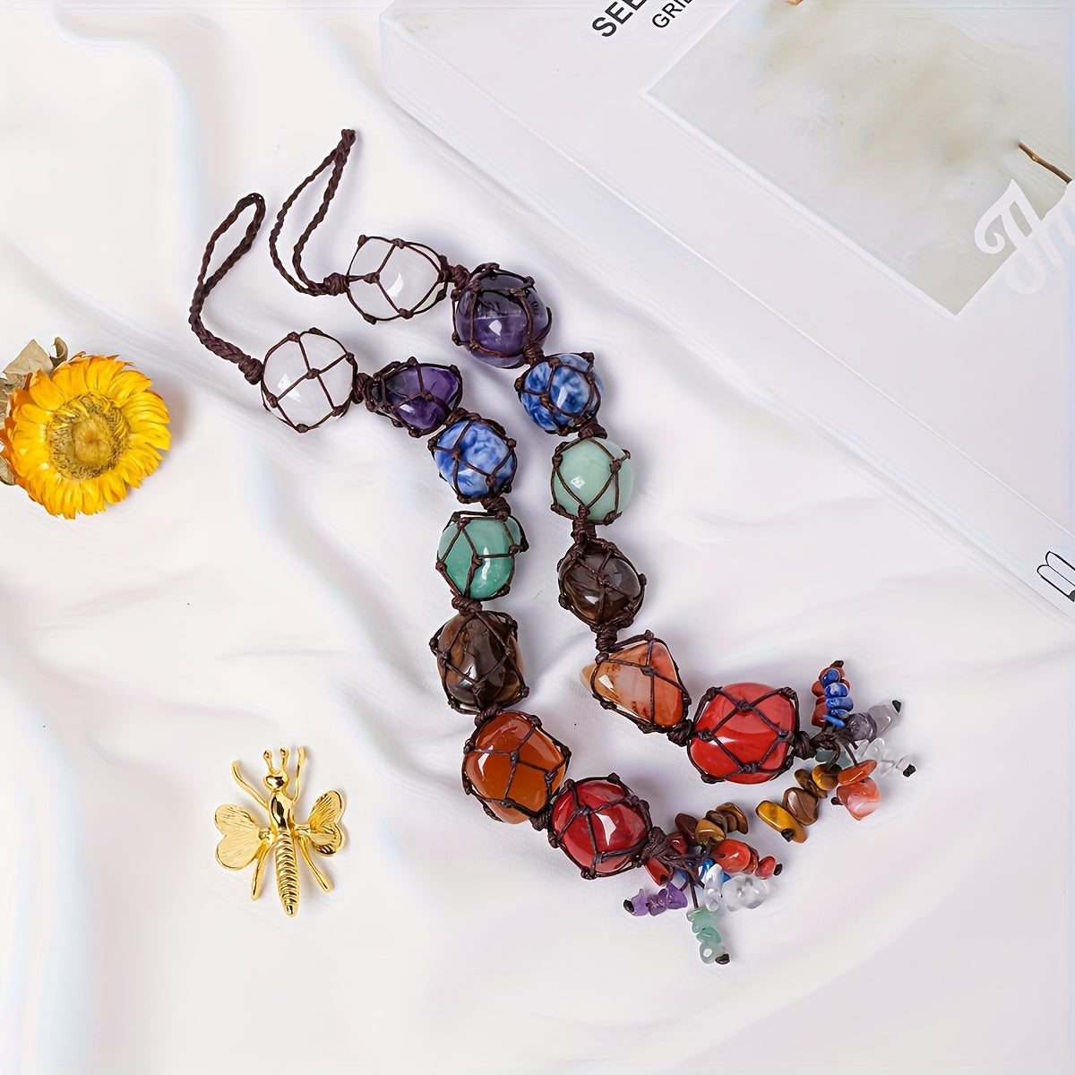 1pc Natural Crystal Chakra Tumbled Stone Pendant Car Hanger Polished Crystal Home Feng Shui Hanging Jewelry New Year Valentine'S Day Father'S Day Holiday Gift