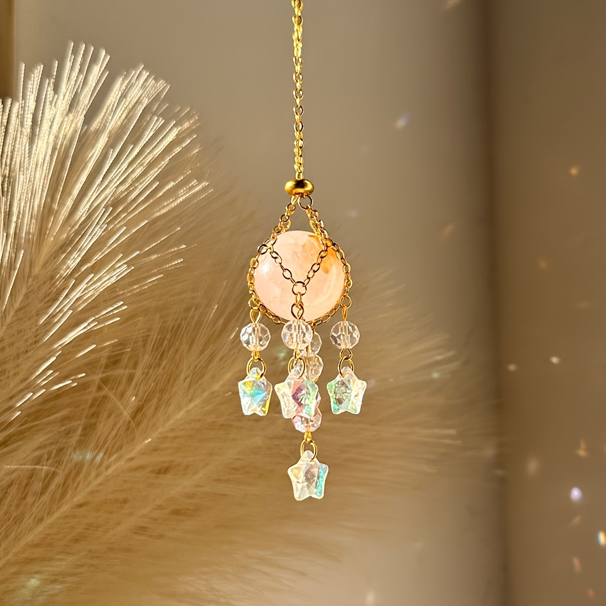 Golden Crystal Sun Catcher with Pink Bead & Faceted Pendant - Elegant Window, Garden, Home, or Car Hanging Decor for Weddings, Valentine's, Thanksgiving, Mother's Day Gifts