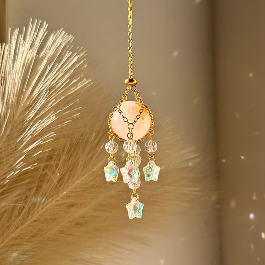 Golden Crystal Sun Catcher with Pink Bead & Faceted Pendant - Elegant Window, Garden, Home, or Car Hanging Decor for Weddings, Valentine's, Thanksgiving, Mother's Day Gifts