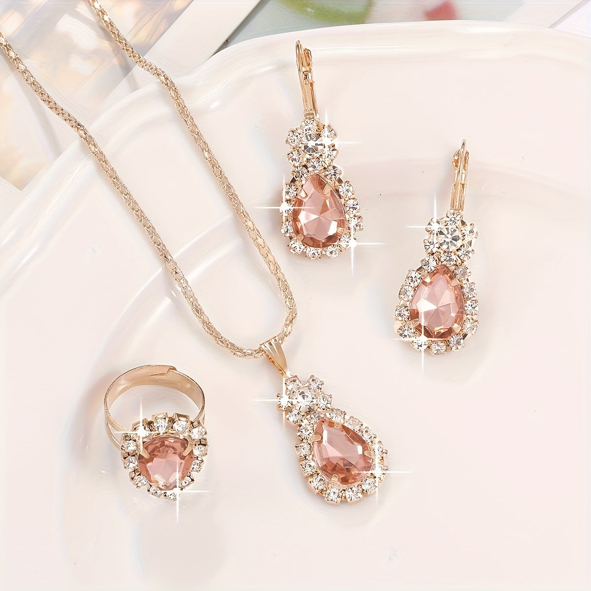 Elegant 4pcs Women's Fashion Teardrop Jewelry Set, Necklace & Earrings, Crystal Embellished, Rose Golden/Ruby Color Options, Gift Box Included For Special Occasions
