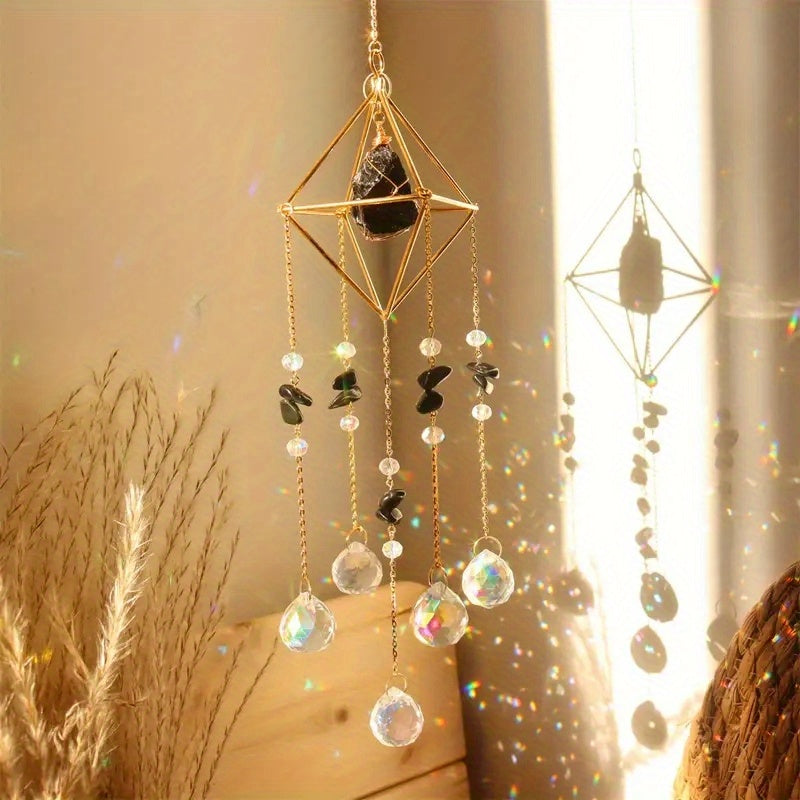1pc Elegant Metal Sun Catcher with Natural Raw Stones, Crystal Prism Rainbow Maker Pendant for Wedding Decor, Indoor Window Room Garden Yard Ornament