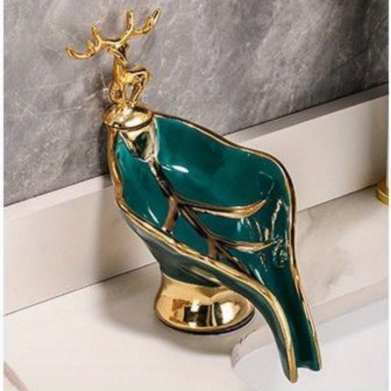1pc Leaf Shaped Soap Box With Deer Decoration, Self-draining Soap Dish, Soap Holder For Bathroom & Kitchen, Home Decor, Bathroom Essential
