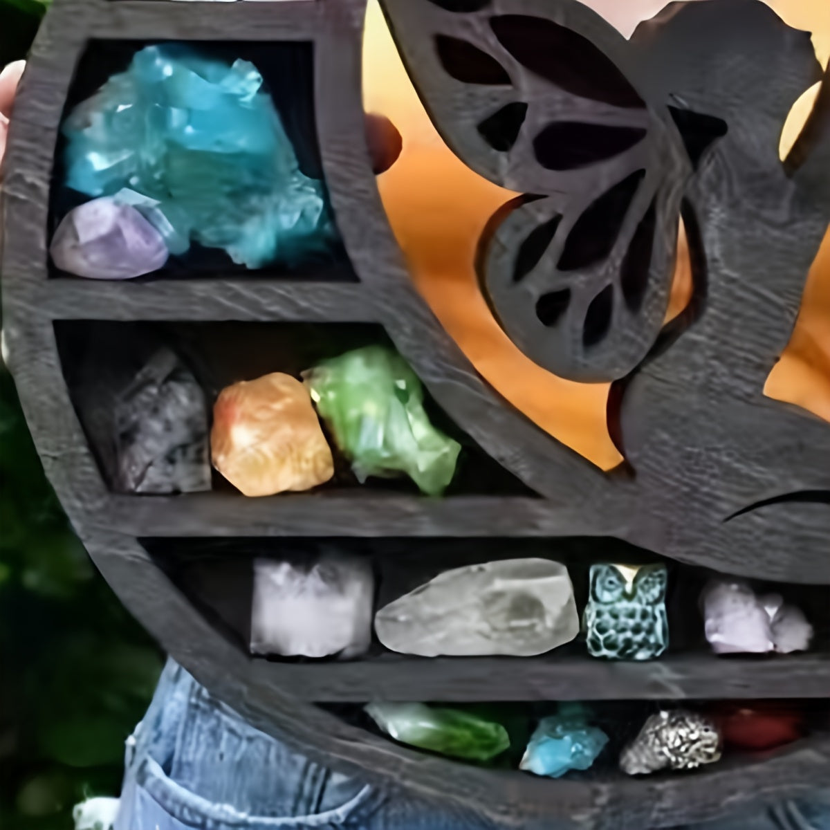 Nature-Inspired, Gothic Moon Fairy Wooden Shelf - Volcanic Stone & Perfume Display with Crystal Holder, Romantic Home Decor