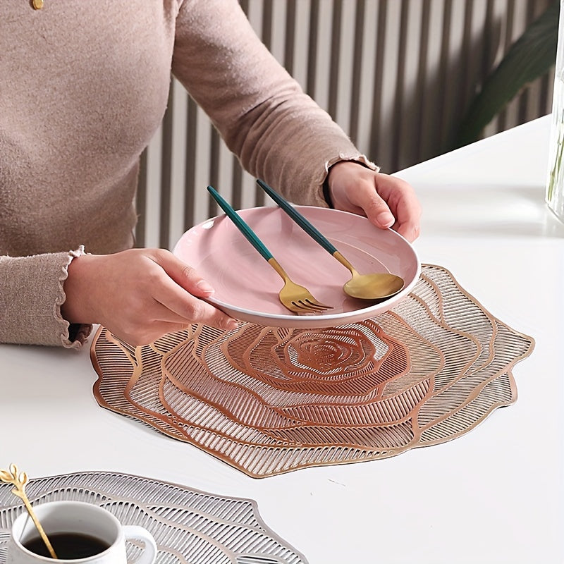 4pcs PVC Rose Flower Placemats, Hollow Out Washable Reusable Anti-slip Table Mats, Heat Insulation Pads, Tabletop Protection, For Weddings, Parties, Holidays, Graduations, Father's Day, Home Kitchen Dining Table Decor