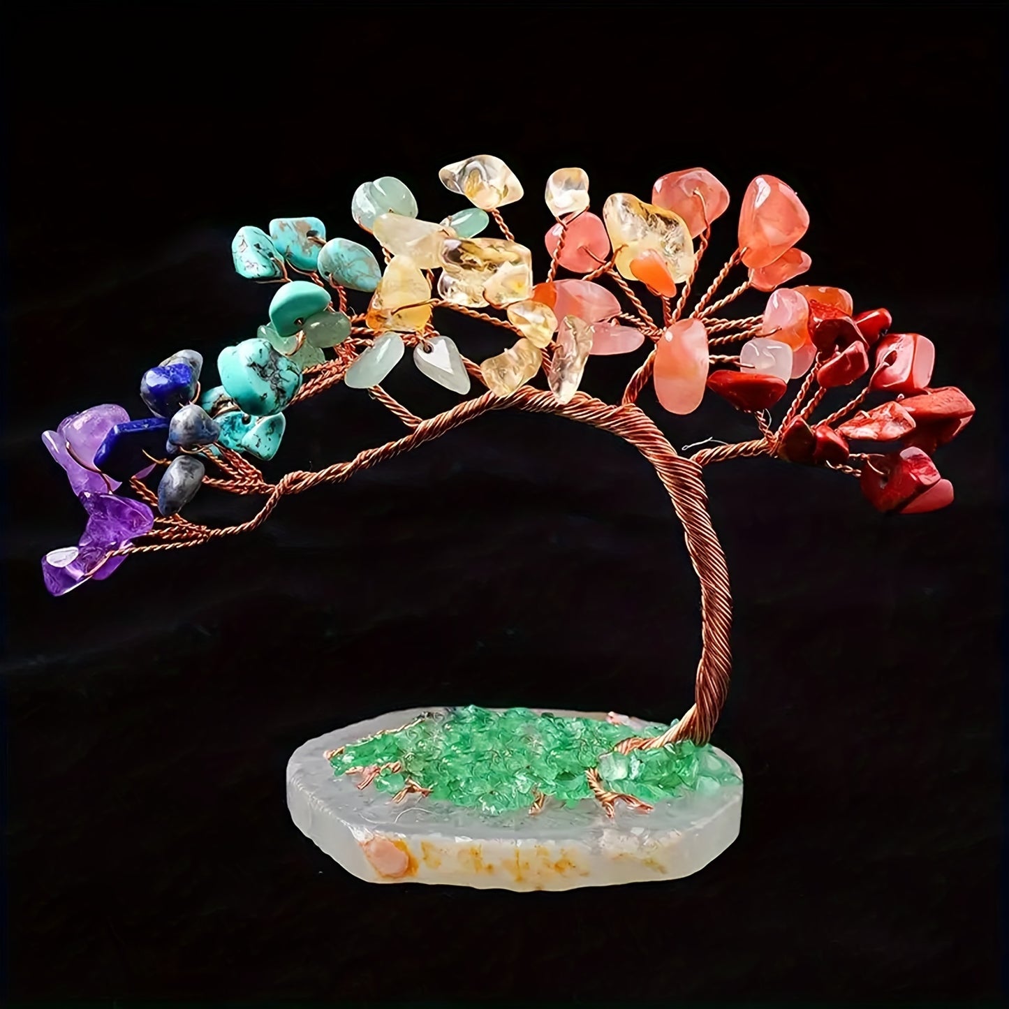 1pc Seven Chakra Stone Potted Plant Tree, Handcrafted Crystal Money Tree With Natural Agate Base, Lucky Decorative Craft For Wealth And Prosperity, Irregular Cracks & Small Gaps Possible -Jewelry Patterns