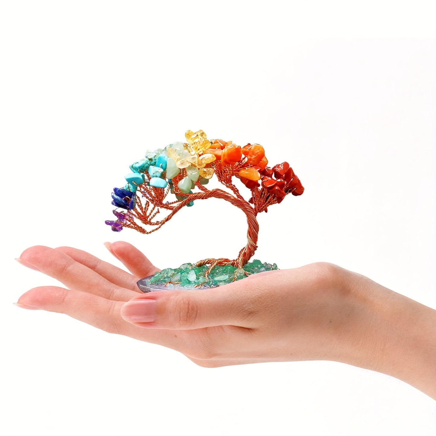 1pc Seven Chakra Stone Potted Plant Tree, Handcrafted Crystal Money Tree With Natural Agate Base, Lucky Decorative Craft For Wealth And Prosperity, Irregular Cracks & Small Gaps Possible -Jewelry Patterns