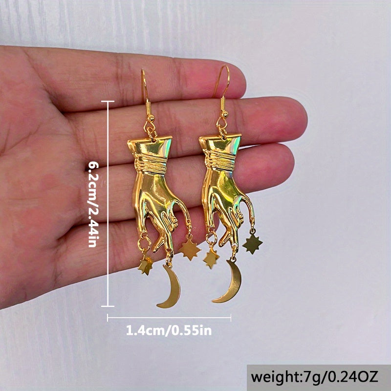 Bohemian Style Finger-Shaped Moon and Stars Pendant Earrings, Gothic Fashion Simple Party Gift, Iron Material with Iron Ear Needle, Non-Magnetic