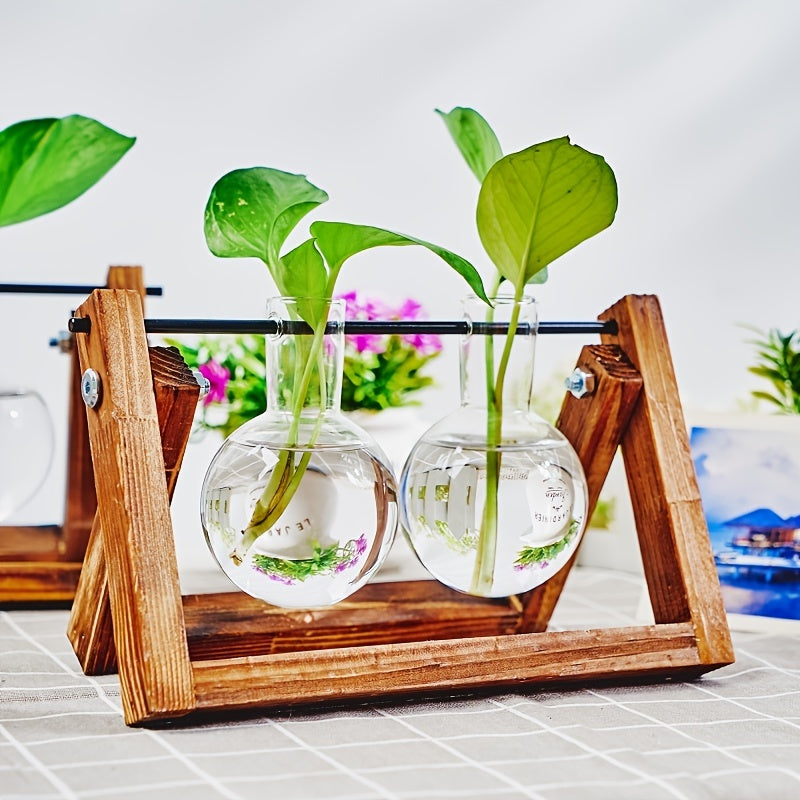 1pc Clear Glass Tabletop Planter Propagation Station in Wooden Rack Terrarium for Plants, Hydroponic Plant Vases for Office Home Decor Room Decoration