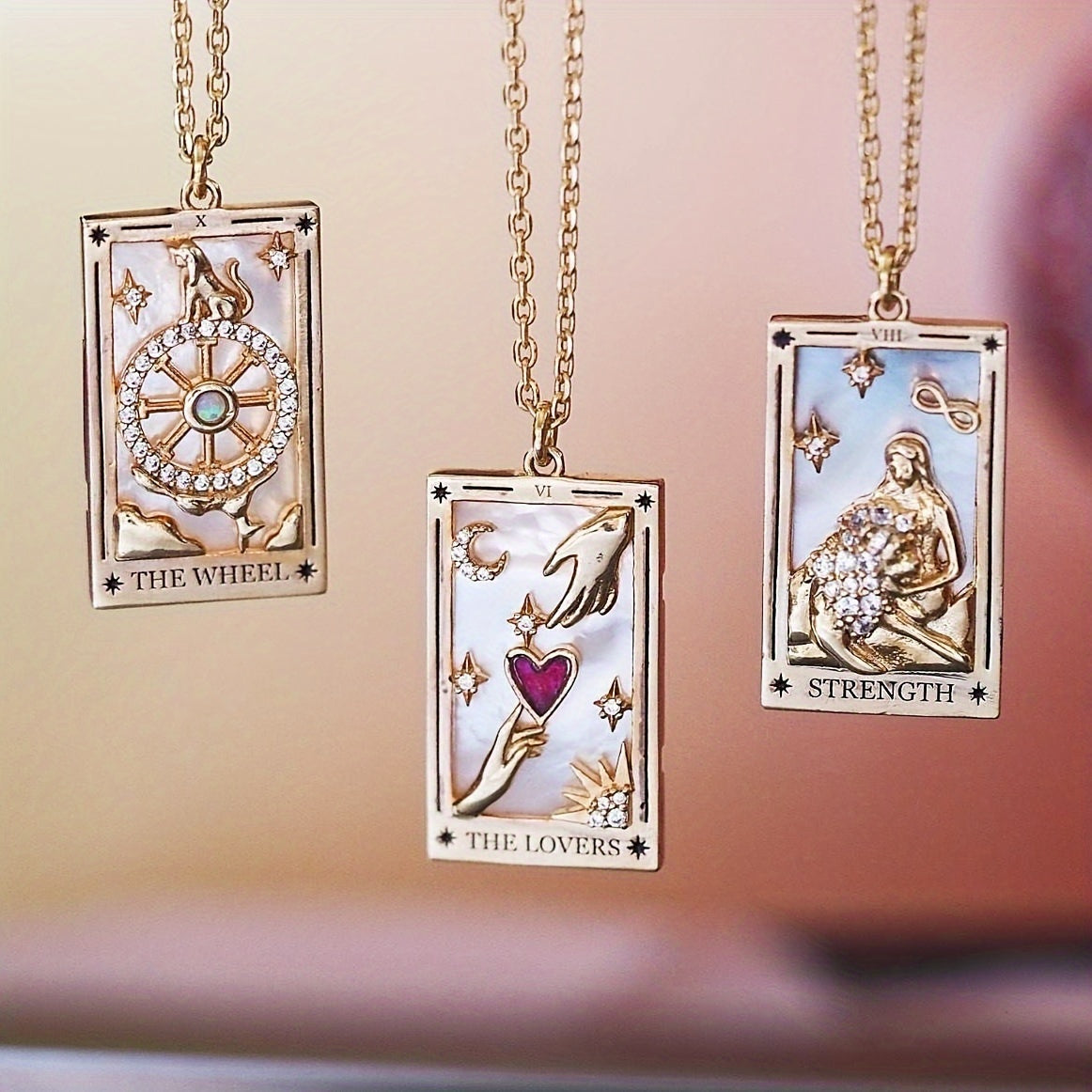 1pc Vintage Tarot Necklace with Sun Moon Heart World Card Pendants - Golden-Tone -Coated Astrology Symbols, Elegant Celestial Jewelry for Women, Casual Attire & Gift Idea, Zodiac Jewelry, Intricate Detailing, Bead Chain