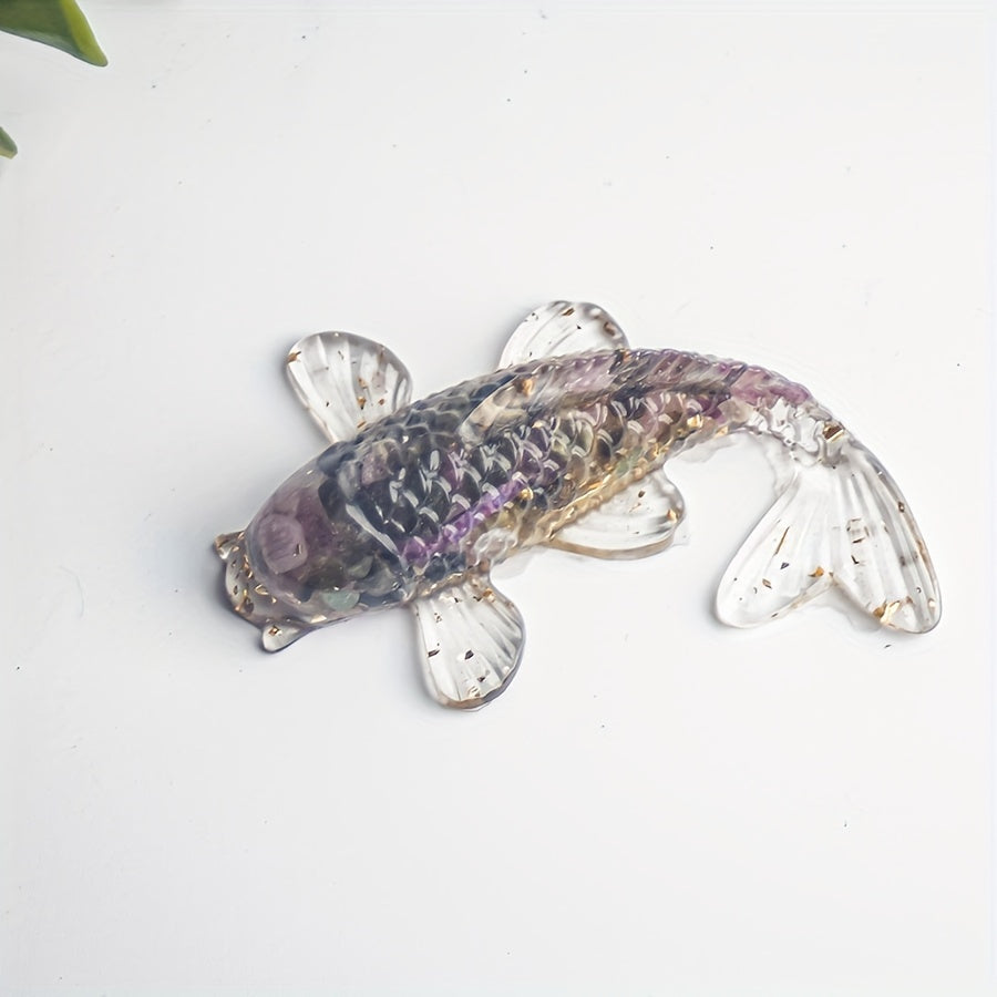 1pc Elegant Crystal Fish Ornament - Handcrafted Resin & Natural Crystal Gravel, Golden-Scaled Purple Koi Fish Design, Ideal for Home Decor, Perfect Gift