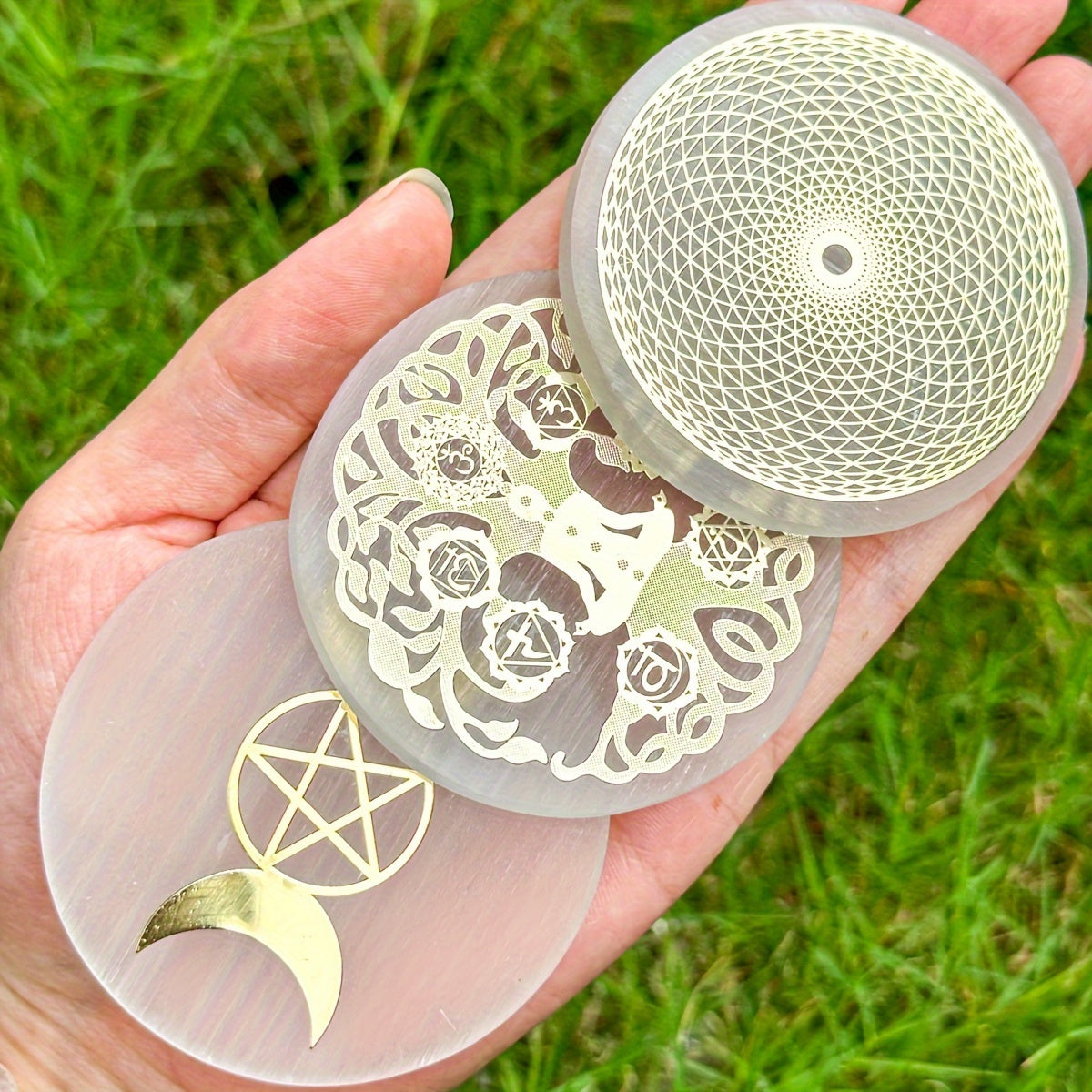 1pc Natural Selenite Slice, Irregular Crystal Stone Mixed Style Boho Star Moon Tree Flower Golden Tray Jewelry Accessories Art Craft Desktop Ornaments