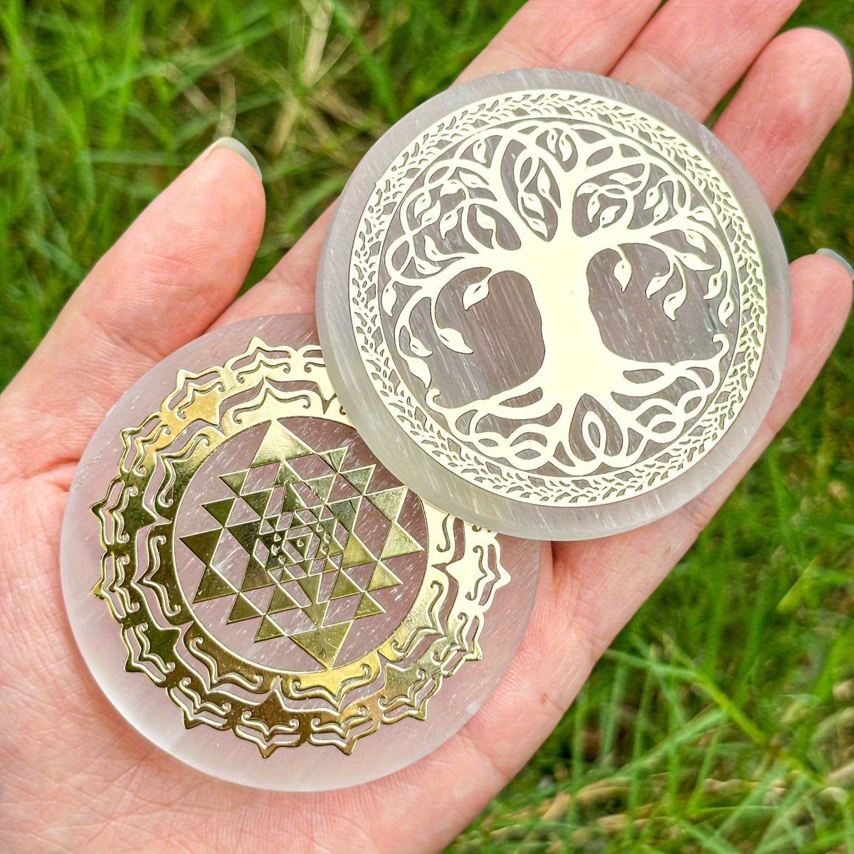 1pc Natural Selenite Slice, Irregular Crystal Stone Mixed Style Boho Star Moon Tree Flower Golden Tray Jewelry Accessories Art Craft Desktop Ornaments