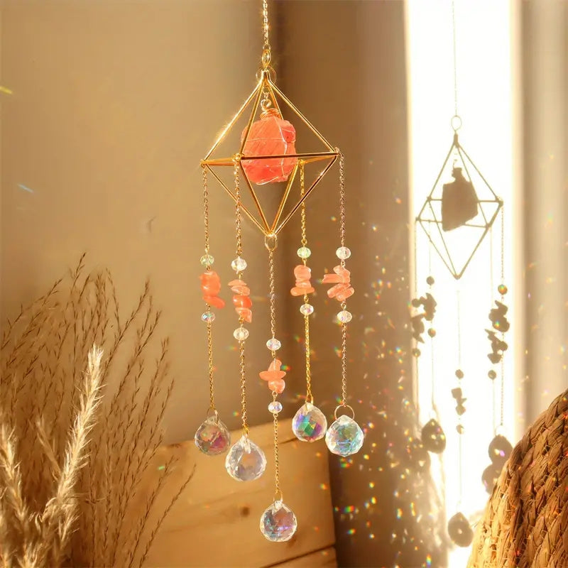1pc Elegant Metal Sun Catcher with Natural Raw Stones, Crystal Prism Rainbow Maker Pendant for Wedding Decor, Indoor Window Room Garden Yard Ornament