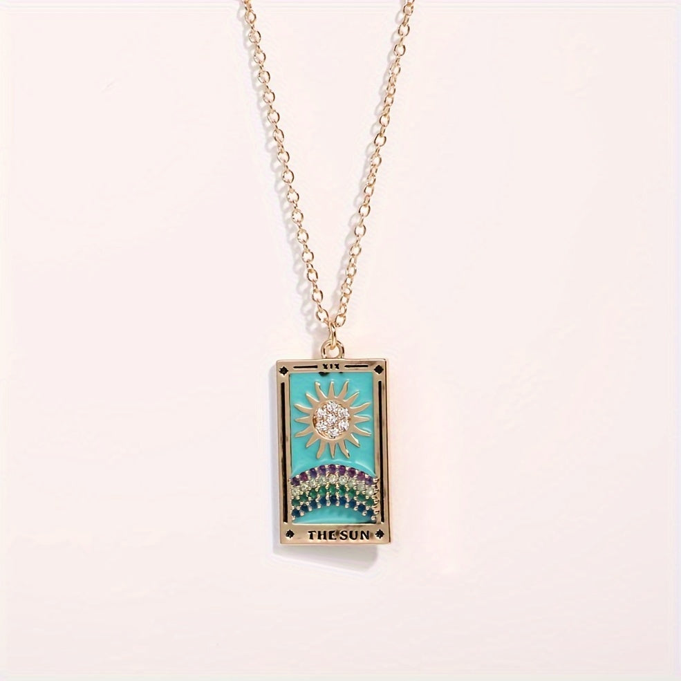 1pc Vintage Tarot Necklace with Sun Moon Heart World Card Pendants - Golden-Tone -Coated Astrology Symbols, Elegant Celestial Jewelry for Women, Casual Attire & Gift Idea, Zodiac Jewelry, Intricate Detailing, Bead Chain