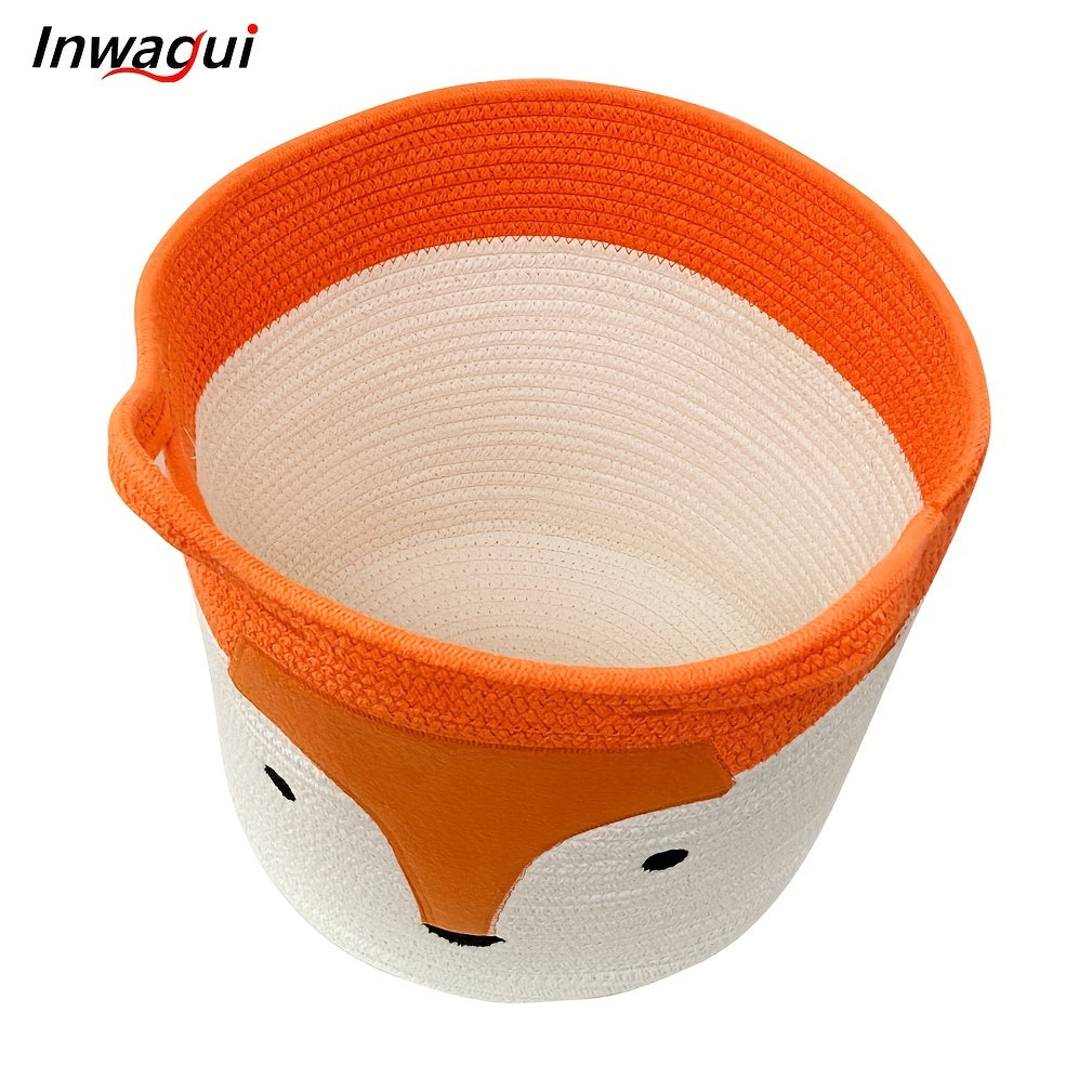 Rope Basket, Large Woven Storage Basket, Baby Toy Basket, Nursery Blanket Laundry Hamper with Handles for Kids, Clothes, Home Decor, Cute Fox 35X30X28Cm/13.78X11.81X11.02Inch, Orange, Laundry Baskets