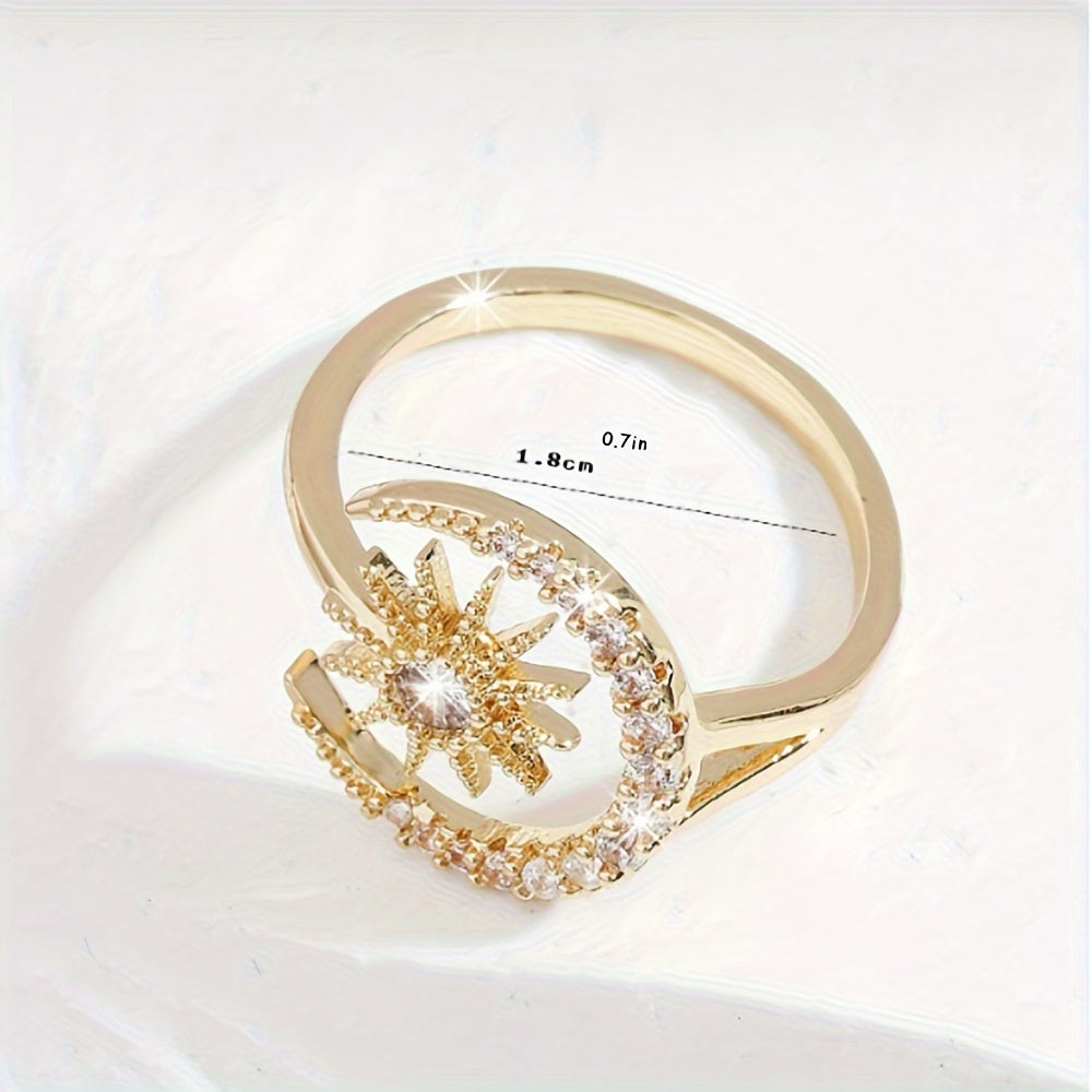 Elegant Style Star Moon Crystal Ladies Ring Inlaid zirconia Chunky Open Adjustable Ring For Women for eid, ramadan