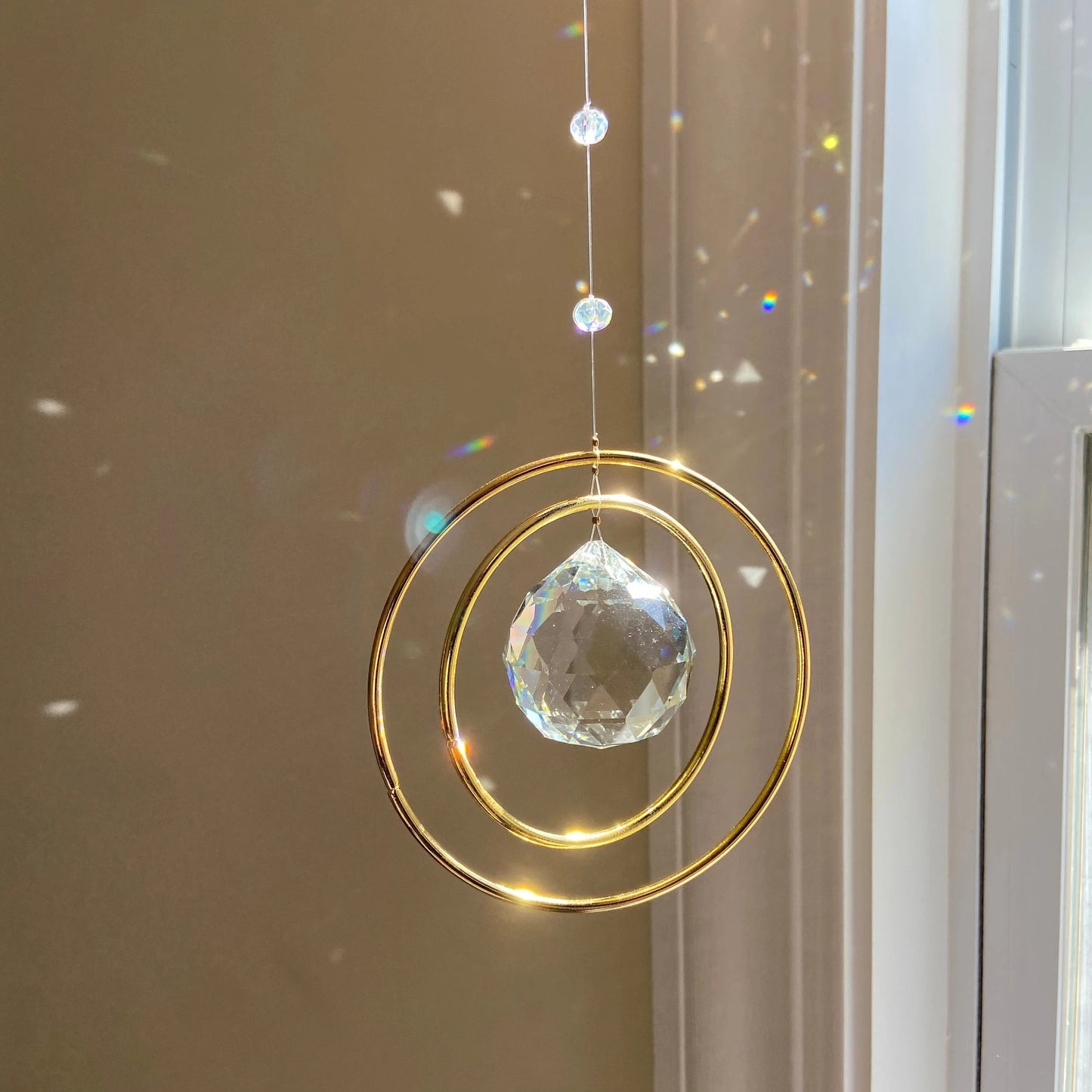 1pc Sparkling Crystal Rainbow Sun Catcher - Elegant Glass Prism Window Hanging Decor with Golden Frame & Blue Beads, Perfect Gift for Loved Ones, Ideal for Valentine's, Thanksgiving & New Year, Rainbow Room Decor