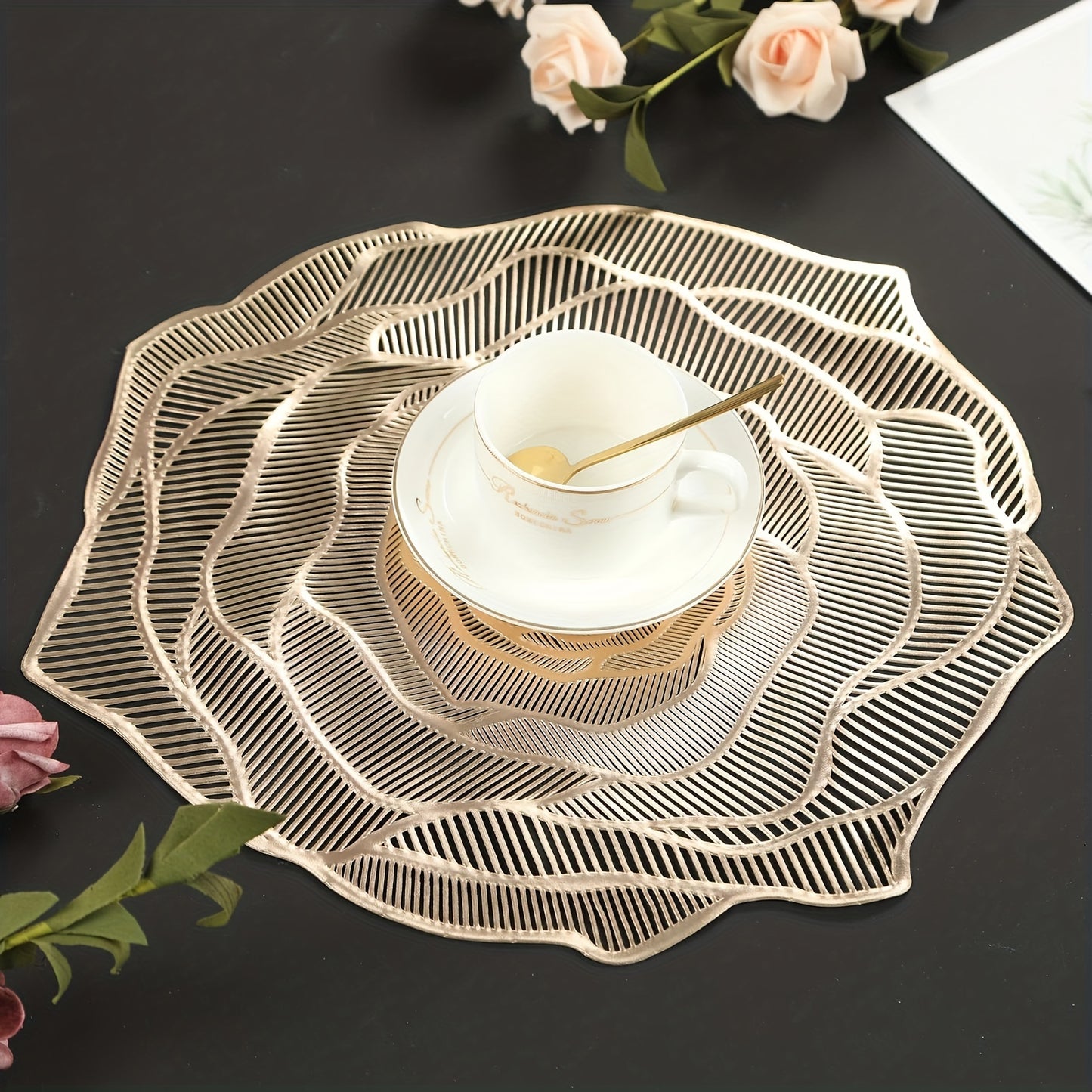 4pcs PVC Rose Flower Placemats, Hollow Out Washable Reusable Anti-slip Table Mats, Heat Insulation Pads, Tabletop Protection, For Weddings, Parties, Holidays, Graduations, Father's Day, Home Kitchen Dining Table Decor