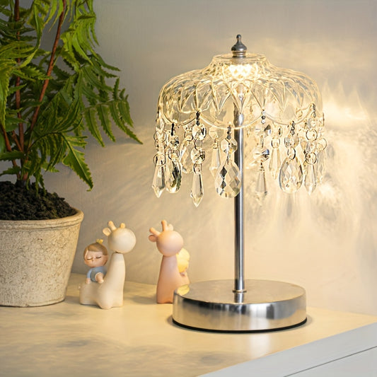Elegant French Crystal Table Lamp - USB Powered, 3-Color Dimming, Geometric Design with Polished Metal Finish, Adjustable Brightness for Home Decor, Study, or Dining Accent Lighting, Retro Vibe, Durable and Stylish, Room Ambi