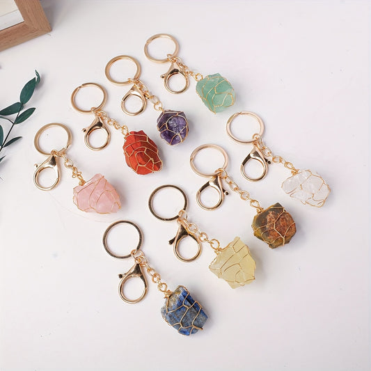 Single Natural Crystal Raw Stone Keychain - Handcrafted Golden Wire Mesh Bag with Unpolished Gemstone, Sports Themed Lobster Clasp Decorative Key Chain for Christmas