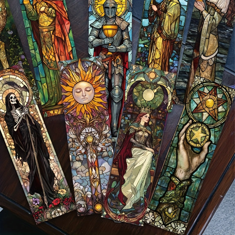 30pcs YWWBLD Artistic Tarot Card Bookmarks - Vibrant Stained Glass-Style Illustrations, Multi-Functional Paper DIY Message Cards with Unique Characters for Reading & Crafting