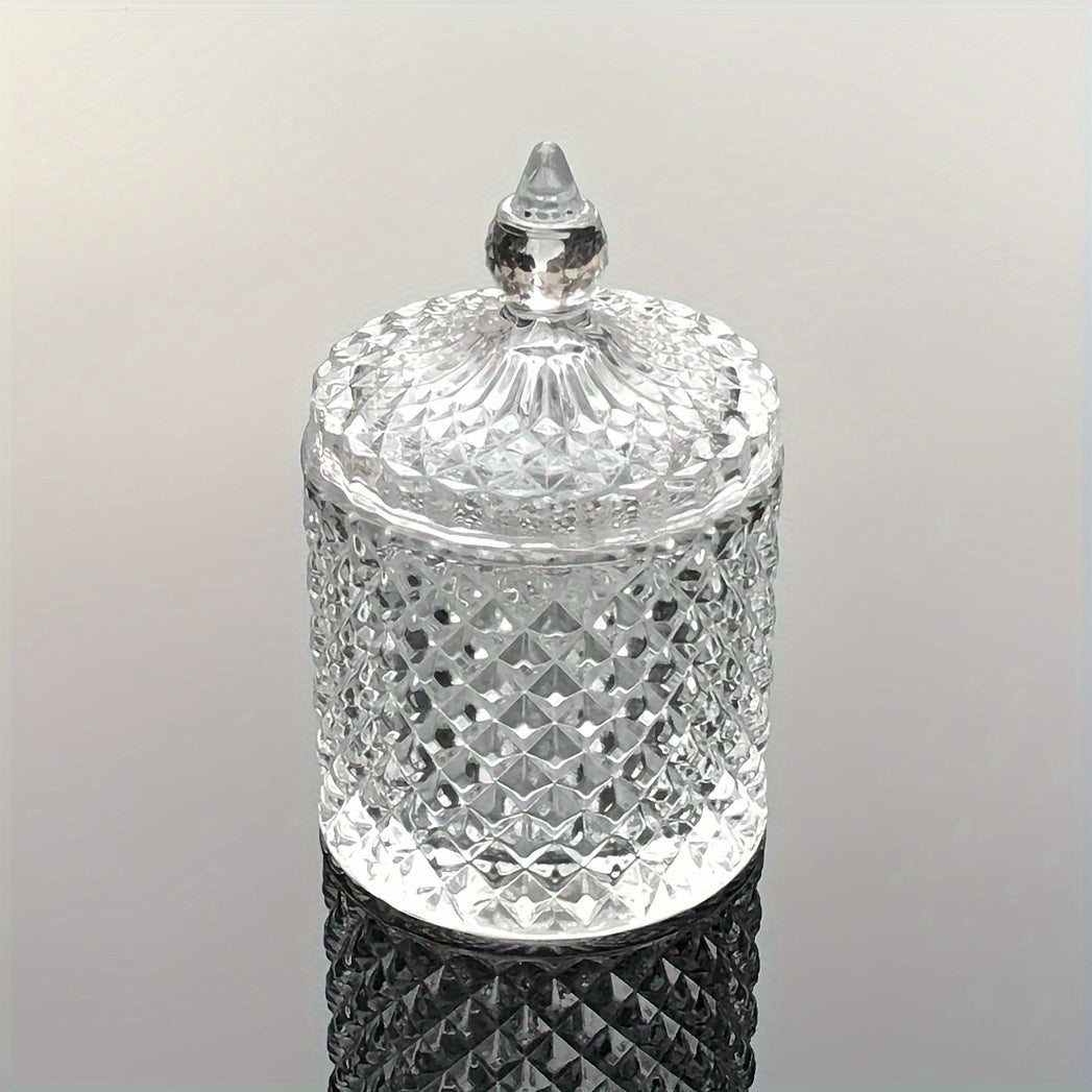 1pc Elegant Crystal Glass Jar with Lid, Transparent Swab Storage Box, Jewelry Organizer, Decorative Crystal Craft, Multi-Purpose Glass Container for Home Decor, Room Decor