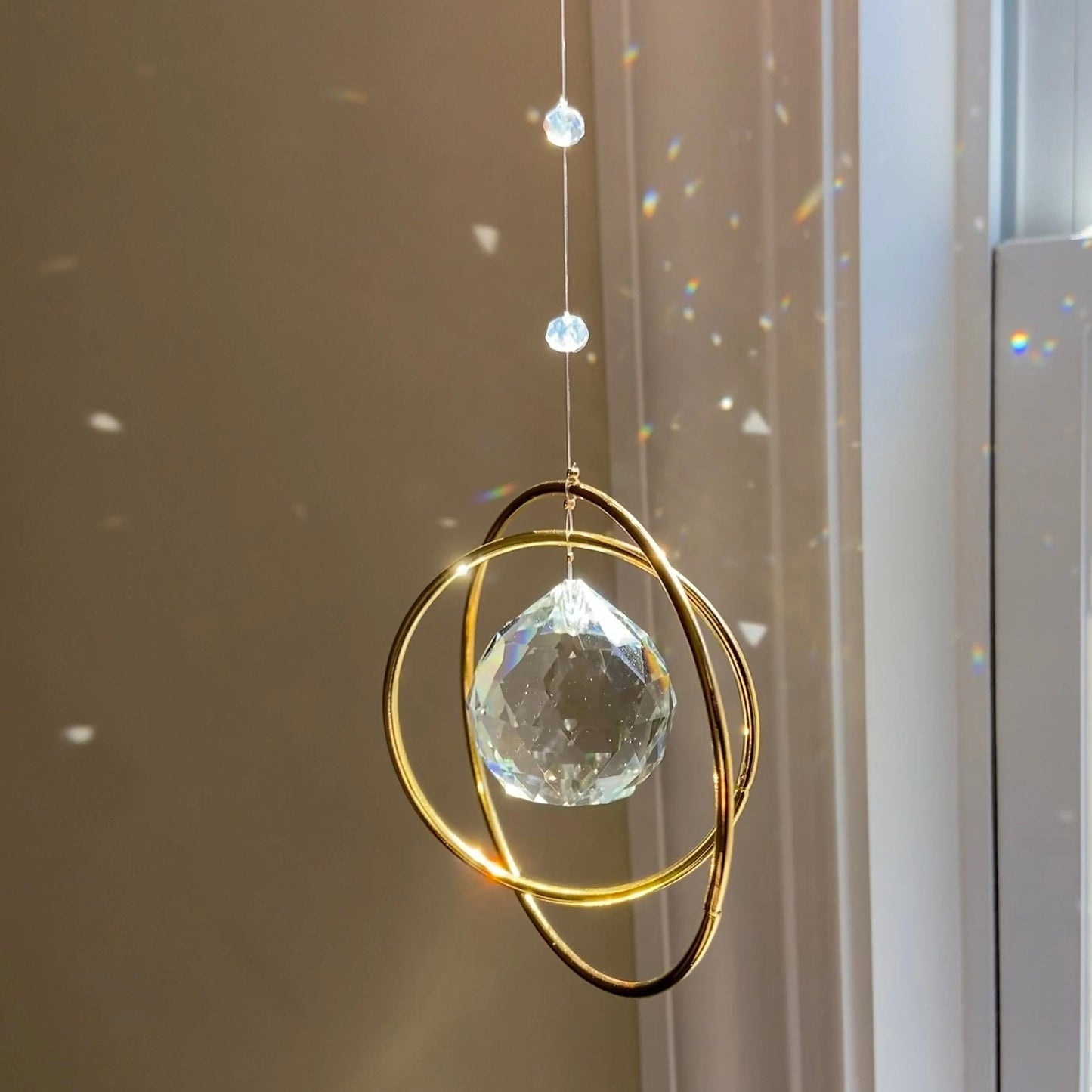 1pc Sparkling Crystal Rainbow Sun Catcher - Elegant Glass Prism Window Hanging Decor with Golden Frame & Blue Beads, Perfect Gift for Loved Ones, Ideal for Valentine's, Thanksgiving & New Year, Rainbow Room Decor